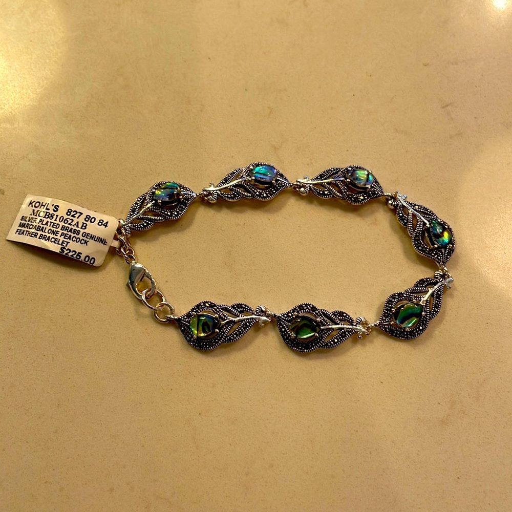 Silver plated brass genuine marcasite / abal one peacock feather bracelet.